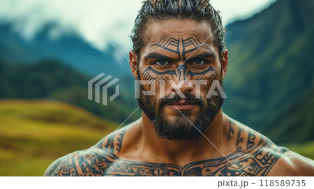 A tattooed man stands shirtless in a field before a mountain 118589735