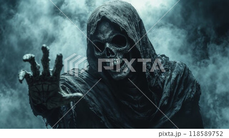 A figure resembling a grim reaper death, wearing a hood and having a skull for a face A figure resembling a grim reaper death, wearing a hood and having a skull for a face 118589752