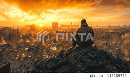 A man sits on rubble gazing at the sunset over a city A man sits on rubble gazing at the sunset over a city 118589753