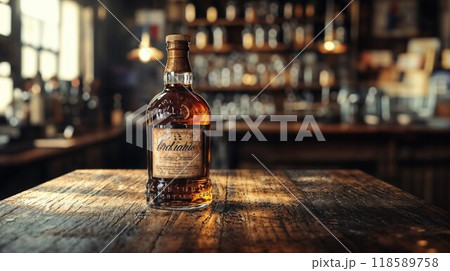 An elegant bottle of whiskey is thoughtfully placed on a wooden table 118589758