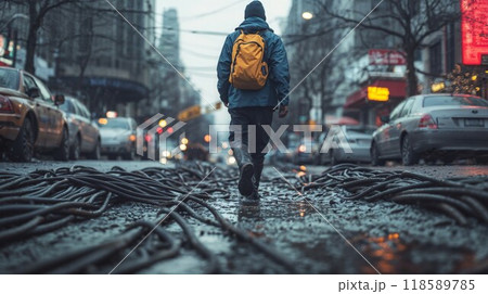 A man with a backpack is walking down a wet city street A man with a backpack is walking down a wet city street 118589785