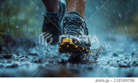 A person is energetically running in the rain on a muddy trail 118589786