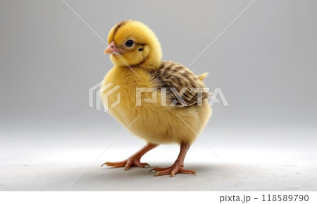 A tiny, adorable yellow chicken is standing on a clean white surface A tiny, adorable yellow chicken is standing on a clean white surface 118589790