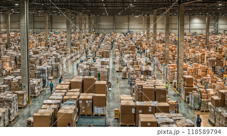 A sizable, expansive warehouse space filled with numerous boxes and people 118589794