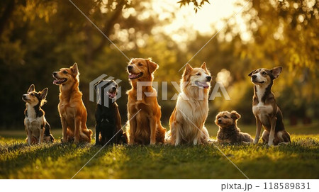 A group of adorable dogs are sitting quietly in a row on the grass 118589831