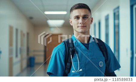 A nurse is walking down a hospital hallway with a backpack 118589833