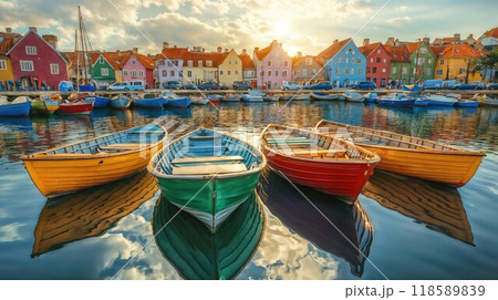 A beautiful row of colorful boats is docked peacefully in a harbor 118589839