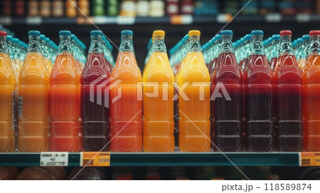 Bottles filled with juice are neatly lined up on a shelf in a store 118589874