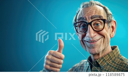 An elderly gentleman, who is wearing glasses, is giving a thumbs up gesture 118589875