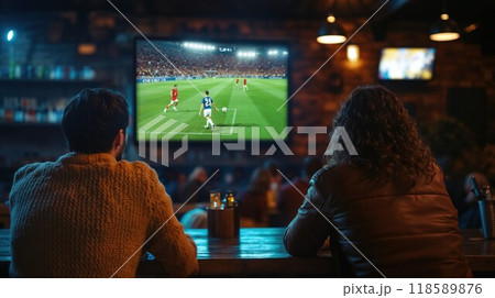 A man and woman sit at a bar watching a soccer game on TV 118589876