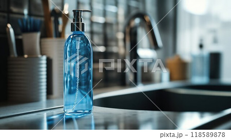 A bottle of hand sanitizer sits on a kitchen counter by a sink 118589878