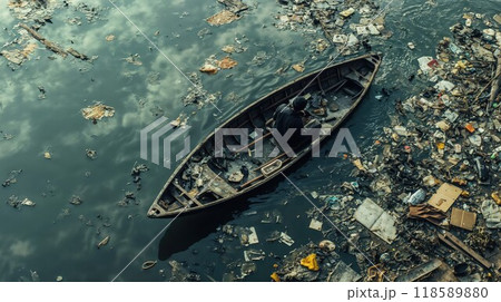 An aerial view captures a boat floating on a polluted river 118589880