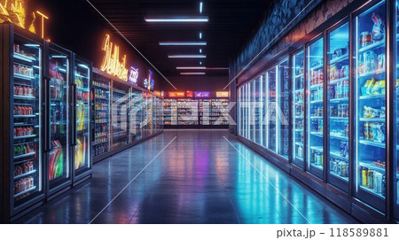 Refrigerators in a grocery store with neon lights 118589881