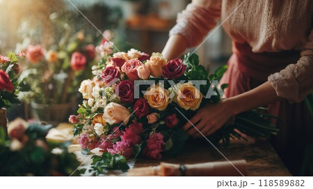 A woman is arranging a beautiful bouquet of flowers on a table 118589882