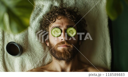 A bearded man is lying on a towel with cucumbers on his eyes 118589883