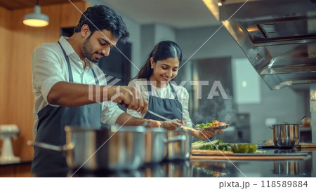 A man and a woman are cooking delicious food together in a kitchen 118589884