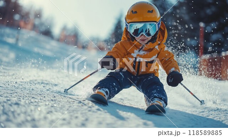 A boy in a helmet and goggles skis down a snowy slope 118589885