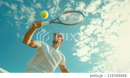 A man is energetically swinging his tennis racket at a tennis ball 118589888