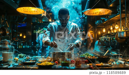 A chef cooks in a kitchen with smoke rising from the pot 118589889
