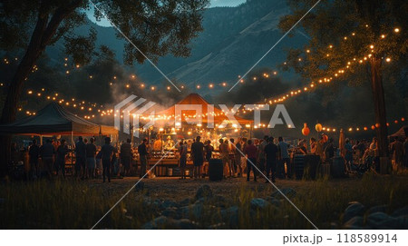 People gather around a tent with string lights hanging 118589914