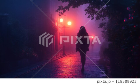 A lone person is walking down a foggy street during the night 118589923
