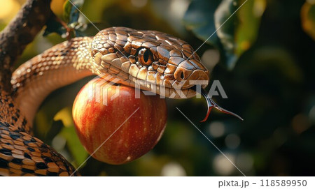 A snake is currently eating an apple with its tongue protruding out 118589950