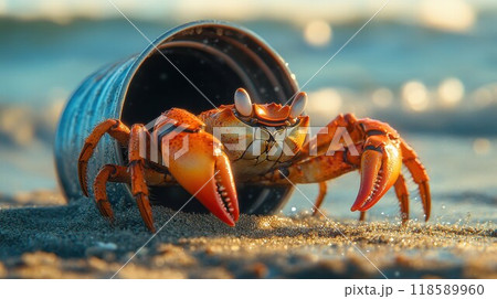 A small crab is slowly crawling out of a can situated on the beach 118589960