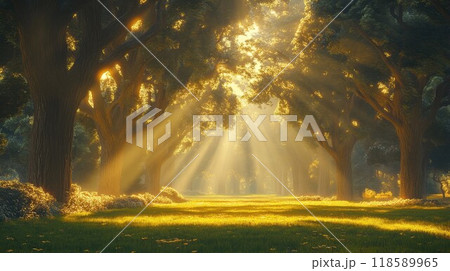 The bright sun is shining down through the trees in a beautiful park The bright sun is shining down through the trees in a beautiful park 118589965