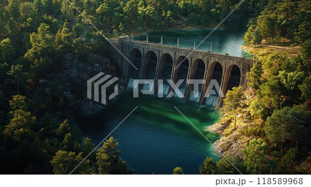 Aerial view of a bridge over a river, surrounded by green trees 118589968