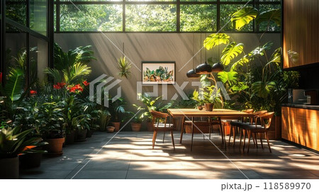 A dining room with a table and chairs in a plantfilled greenhouse 118589970