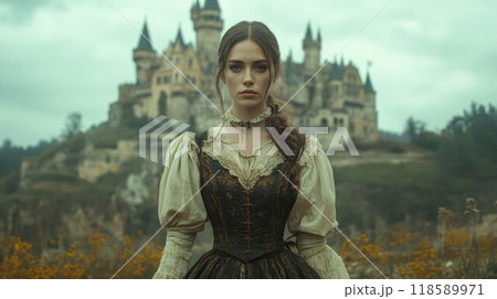 A woman in a medieval gown stands gracefully before a grand castle 118589971