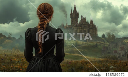 A woman in a flowing black dress stands gracefully before a castle 118589972