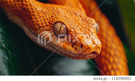 A closeup of a snakes head resting on a vibrant green leaf 118590003