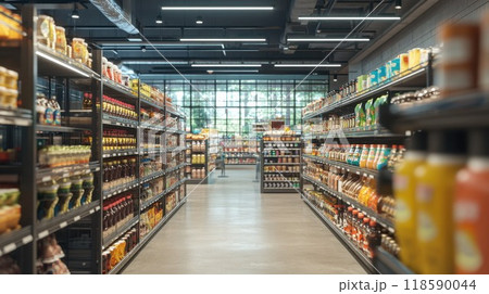 An empty grocery store aisle that is filled with a wide array of products An empty grocery store aisle that is filled with a wide array of products 118590044