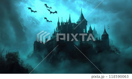 A majestic castle sits atop a hill, surrounded by bats soaring around it A majestic castle sits atop a hill, surrounded by bats soaring around it 118590063