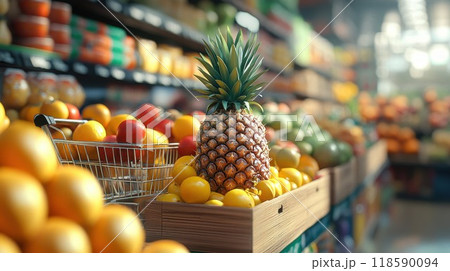 A yellow pineapple is sitting in a wooden box in a grocery store A yellow pineapple is sitting in a wooden box in a grocery store 118590094