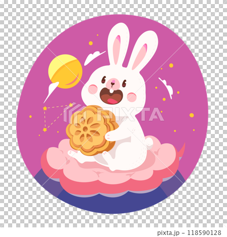 A cute mooncake written by a cute rabbit. Background with full moon and stars. Mid-autumn festival design. 118590128