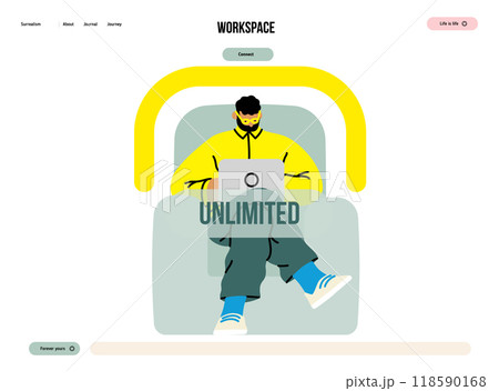 Creative workspace, modern flat vector concept illustration of a man working sitting on the armchair with a computer Remote work, flexibility, independence, efficiency, mobility, synergy, freedom 118590168