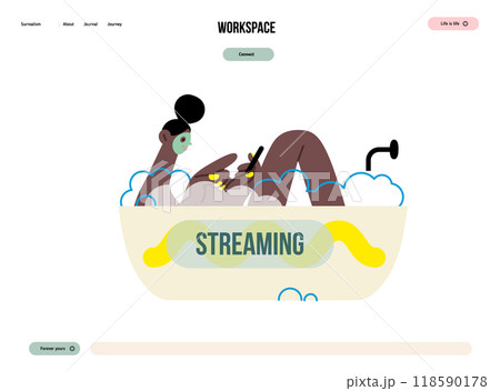 Creative workspace, modern flat vector concept illustration of a woman working sitting with a computer in a bath tube Remote work, flexibility, independence, efficiency, mobility, synergy, freedom 118590178