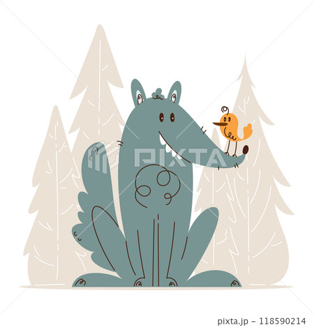 Cute wolf with bird in cartoon forest Cute wolf with bird in cartoon forest 118590214