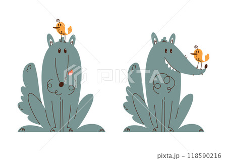 Whimsical wolf with bird illustration set 118590216