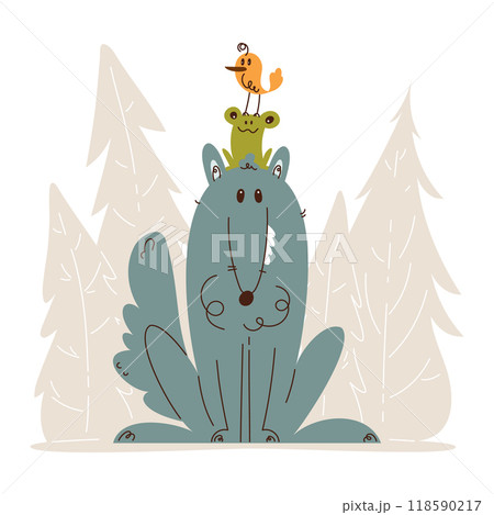 Cartoon wolf with frog and bird stack Cartoon wolf with frog and bird stack 118590217