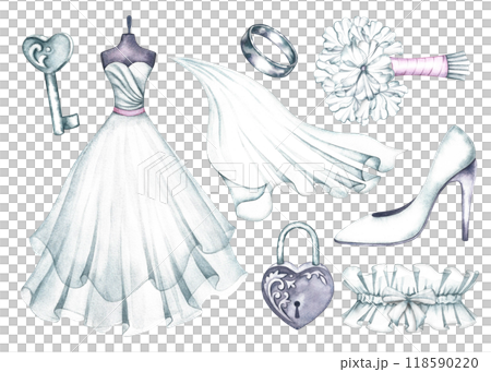 A set of attributes and a bride's outfit. A white wedding dress on a mannequin, a veil, a slipper and a garter, a bride's bouquet and an engagement ring. A watercolor illustration made by hand. A set of attributes and a bride's outfit. A white wedding dress on a mannequin, a veil, a slipper and a garter, a bride's bouquet and an engagement ring. A watercolor illustration made by hand. 118590220
