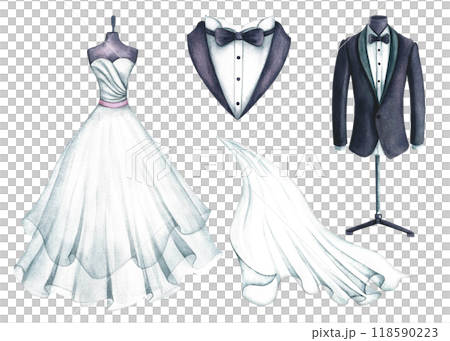 Wedding set with bride's dress, veil and groom's tuxedo. Handmade watercolor illustration. For greeting and invitation cards, banners, flyers and posters, packaging, labels. 118590223