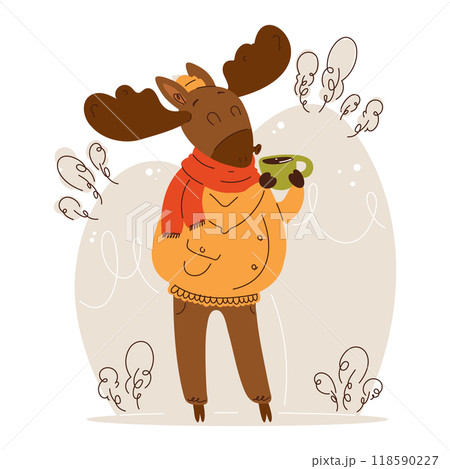 Cartoon moose in scarf enjoying hot drink Cartoon moose in scarf enjoying hot drink 118590227