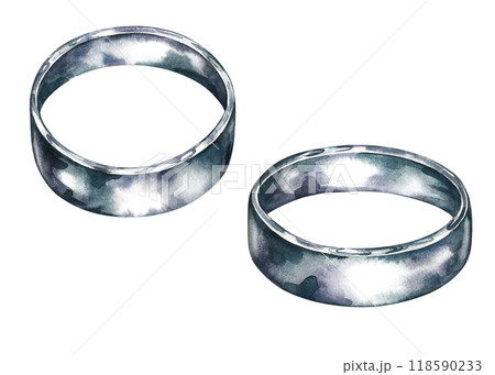 Silver wedding rings. Handmade watercolor illustration. An element of the design of invitation and greeting wedding cards in watercolor style. For banners and posters. Silver wedding rings. Handmade watercolor illustration. An element of the design of invitation and greeting wedding cards in watercolor style. For banners and posters. 118590233