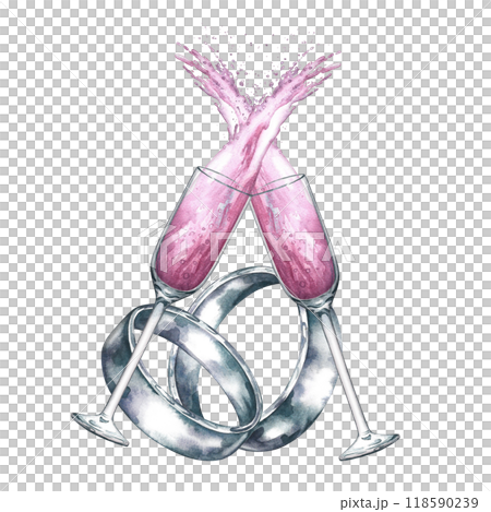 Wedding rings and champagne in glasses. Wedding composition. Handmade watercolor illustrations. For greeting and invitation cards, banners, flyers and posters, packaging, labels. 118590239