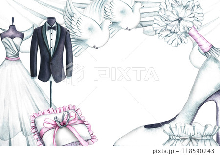 Wedding frame with white flowers, the bride's dress, the groom's tuxedo, wedding rings and the bride's slipper. Handmade watercolor illustration. For greeting and invitation cards, banners, flyers Wedding frame with white flowers, the bride's dress, the groom's tuxedo, wedding rings and the bride's slipper. Handmade watercolor illustration. For greeting and invitation cards, banners, flyers 118590243