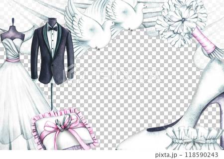 Wedding frame with white flowers, the bride's dress, the groom's tuxedo, wedding rings and the bride's slipper. Handmade watercolor illustration. For greeting and invitation cards, banners, flyers Wedding frame with white flowers, the bride's dress, the groom's tuxedo, wedding rings and the bride's slipper. Handmade watercolor illustration. For greeting and invitation cards, banners, flyers 118590243