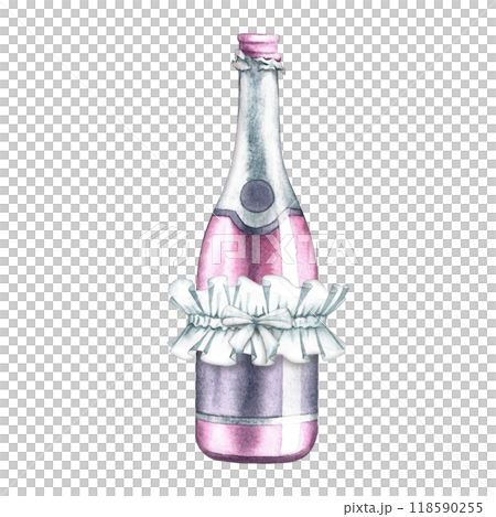 An open bottle of pink champagne decorated with a bride's garter. Handmade watercolor illustration. Pink glass bottle for alcoholic sparkling drink. For invitations, greeting cards and posters. 118590255
